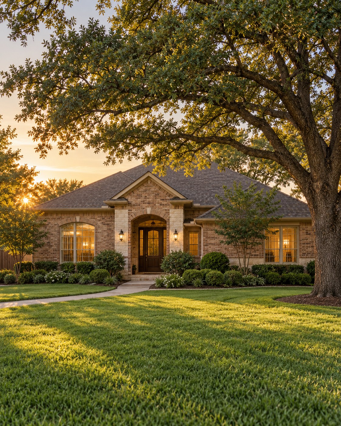 Illustrative brick home with a welcoming front walk and mature trees
